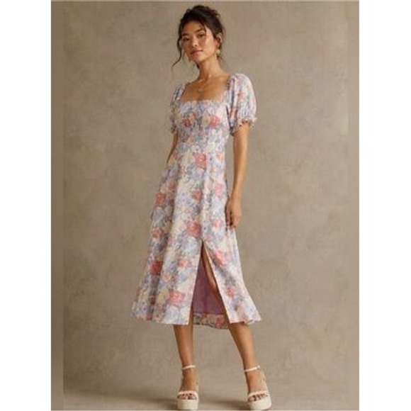ASTR THE LABEL Dresses & Skirts - ASTR THE LABEL Cottage Colorful Floral Smocked Puff Sleeve Midi Dress Small